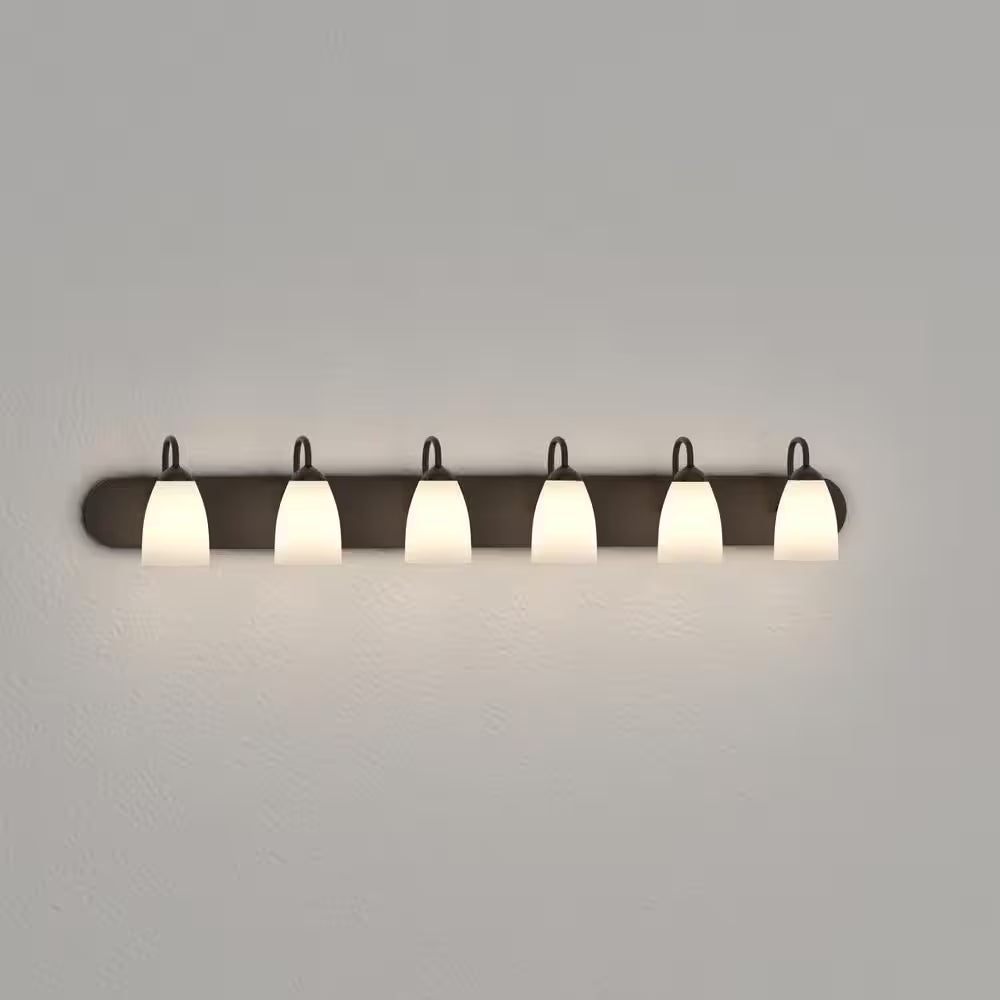 Gather Collection 48 In. 6-Light Antique Bronze Etched Glass Traditional Bathroom Vanity Light