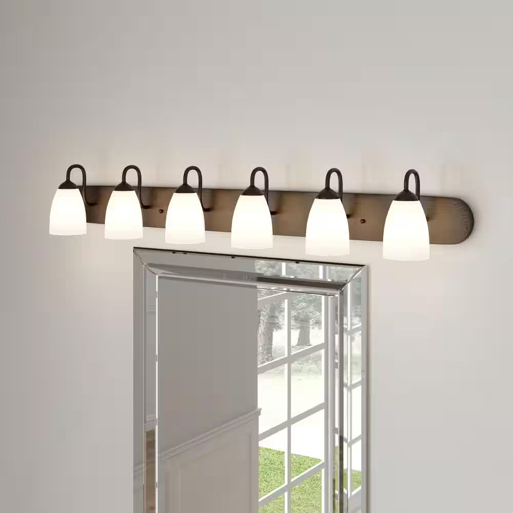 Gather Collection 48 In. 6-Light Antique Bronze Etched Glass Traditional Bathroom Vanity Light