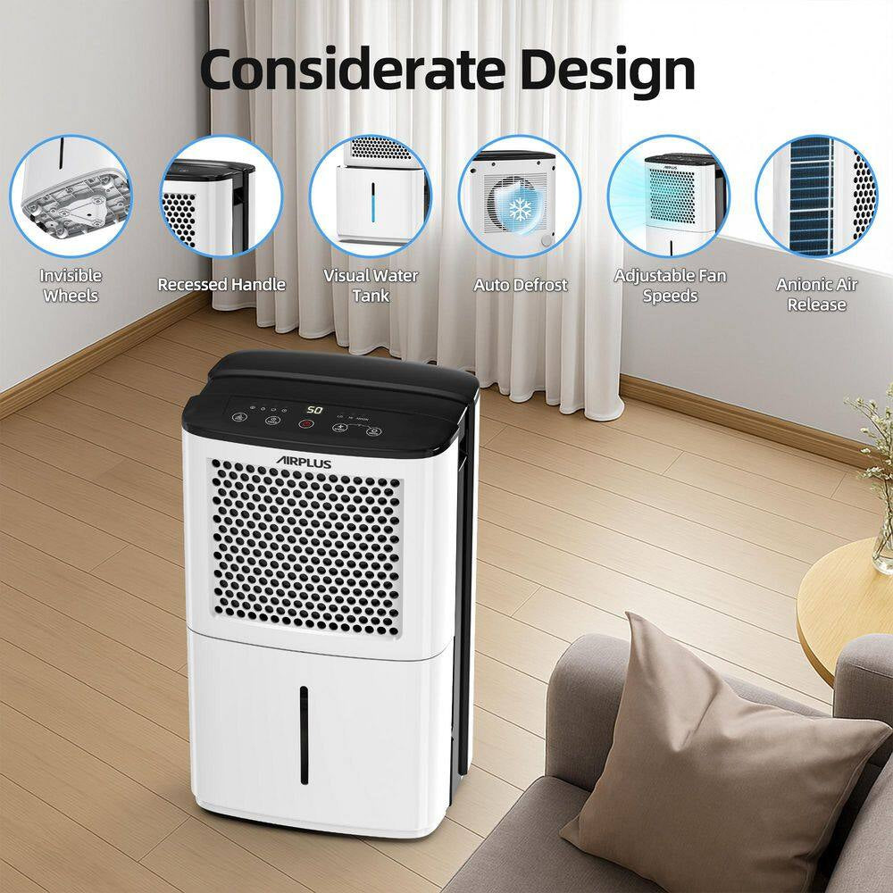 38 Pt. 2000 Sq. Ft. Portable Dehumidifier in White with 8.03 Pt. Bucket, Auto Defrost, Anionic Air Mode, 2-Fan Speeds