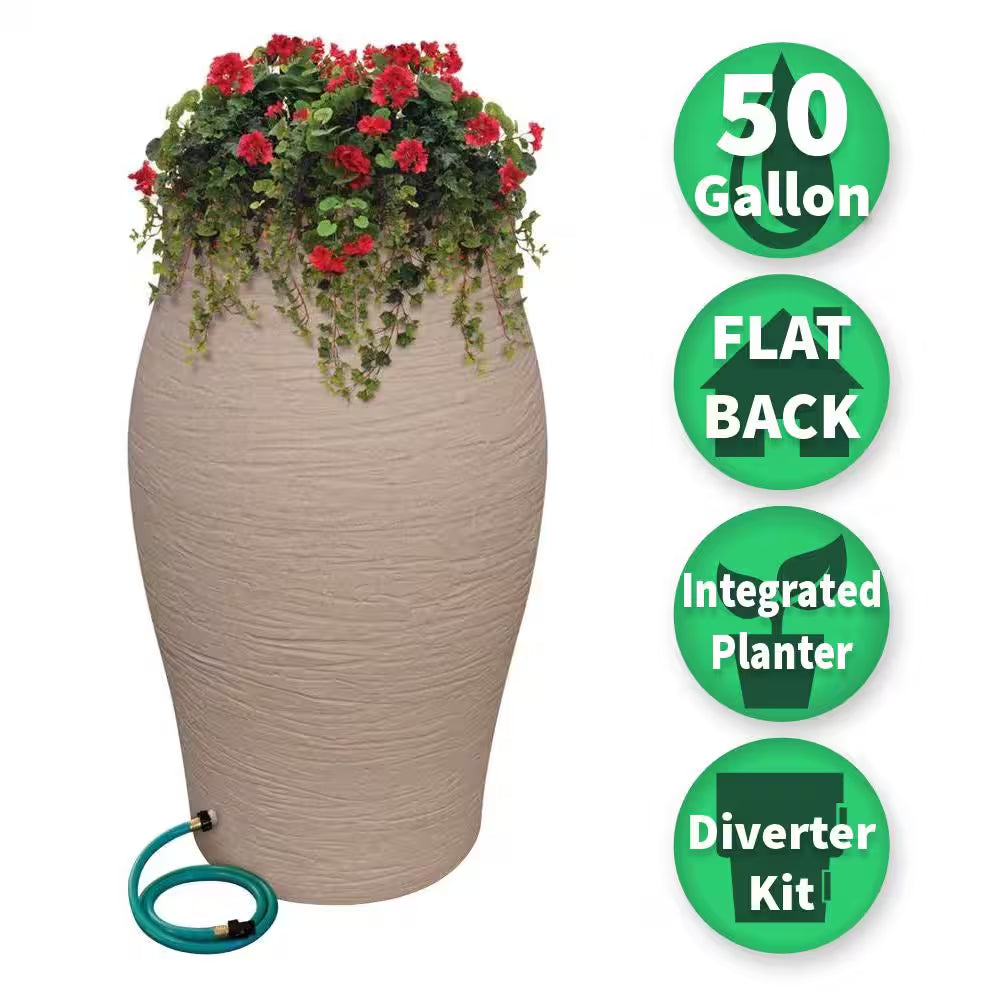 50 Gal. Sandstone Water Urn Flat-Back Rain Barrel with Integrated Planter and Diverter Kit