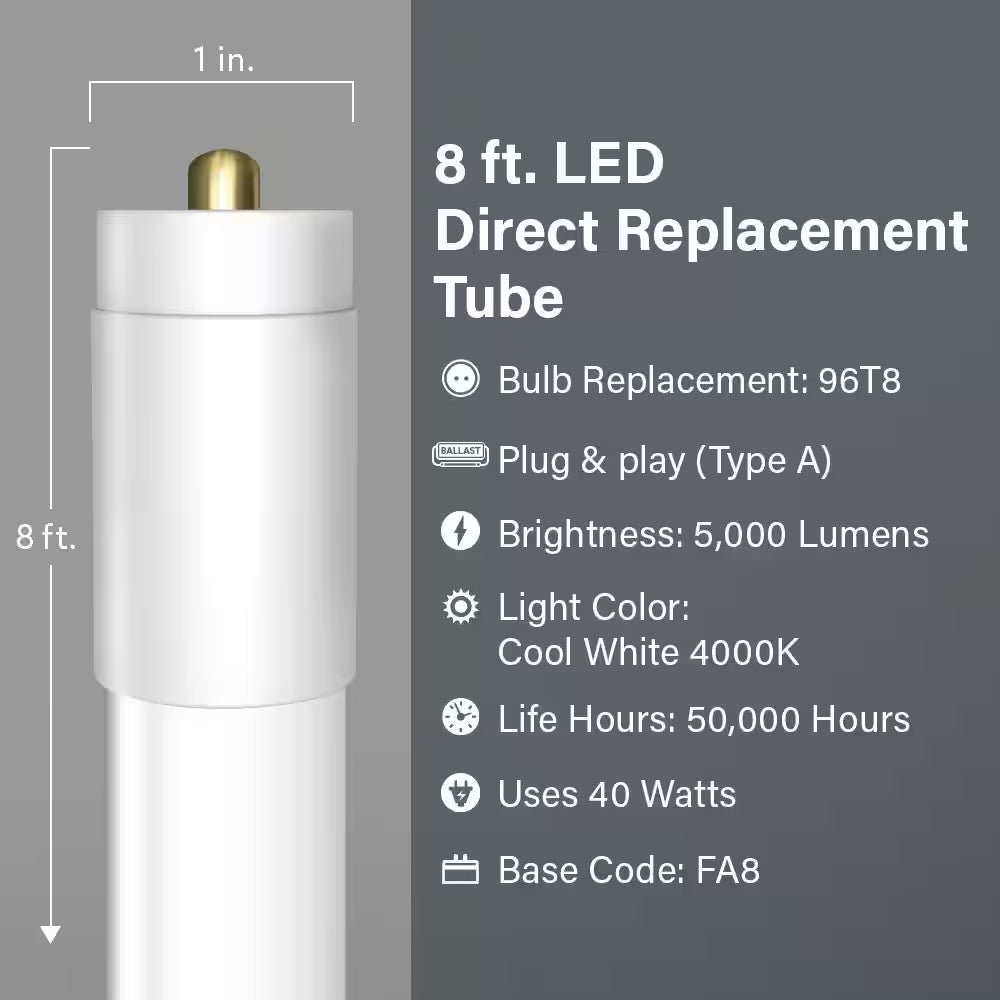 40-Watt 8 Ft. T8 FA8 Single Pin Type a Plug and Play Linear LED Tube Light Bulb, Cool White 4000K (2-Pack)