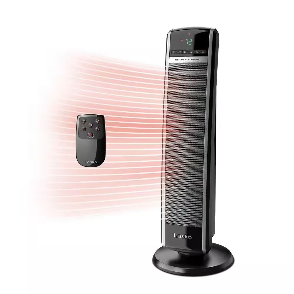 1500W 30 In. Black Indoor Electric Tower Forced Air Ceramic Space Heater with Thermostat, 2-Speeds, Timer, and Remote