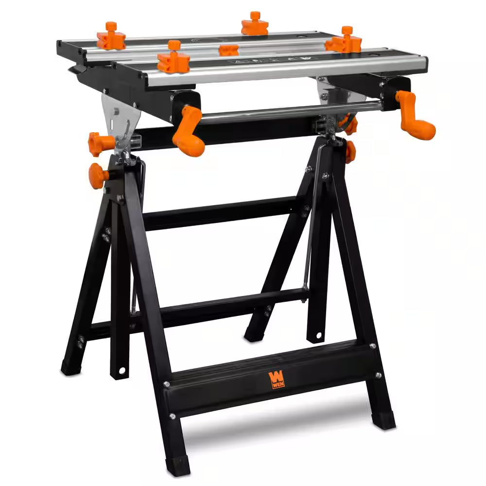 24 In. H Tilting Steel Adjustable Portable Work Bench Sawhorse and Vise with 8 Sliding Clamps