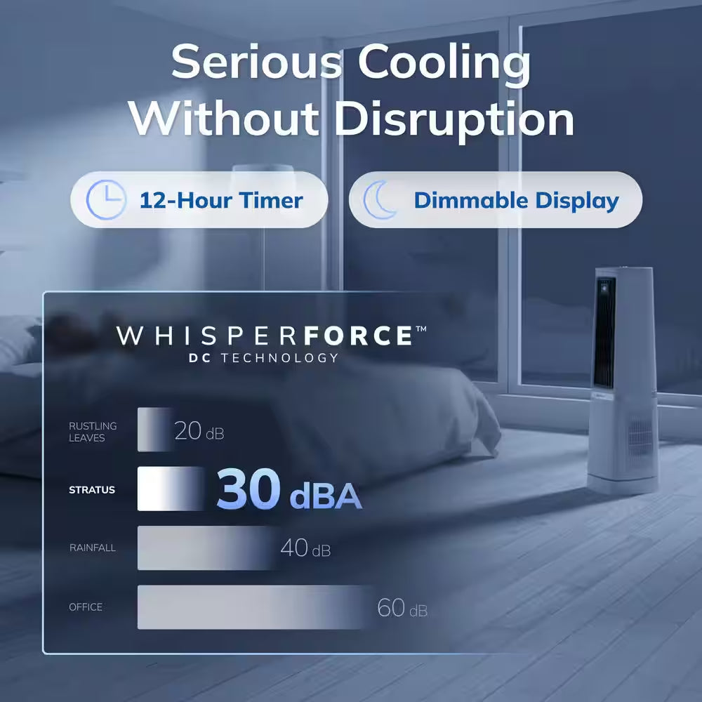 Stratus 35 In. 12-Speed High Velocity Oscillating Tower Fan in White with Quiet DC Motor, Remote, Timer, 11 In. Dia