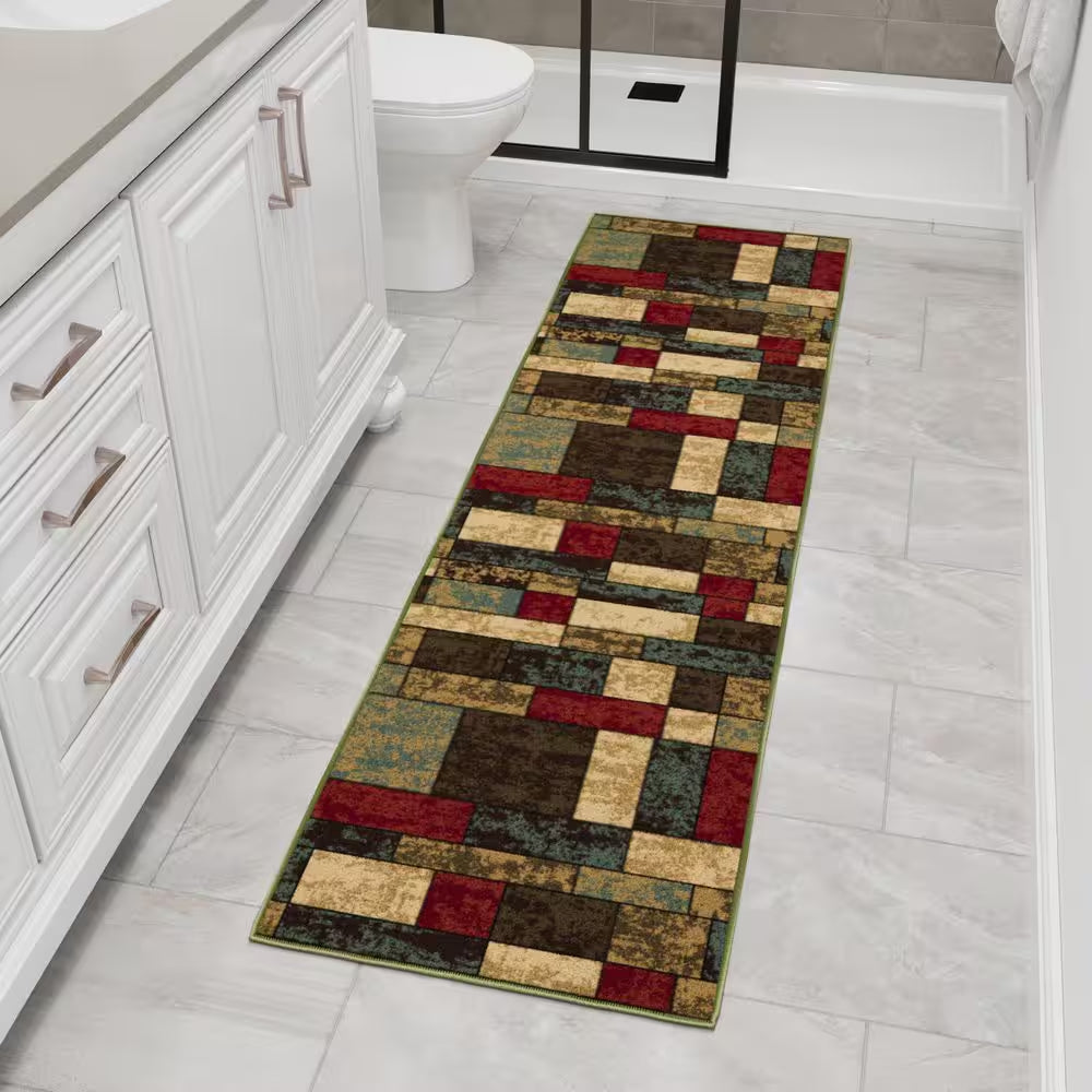 Ottohome Collection Non-Slip Rubberback Boxes Design 2 X 6 Indoor Runner Rug, 1 Ft. 10 In. X 6 Ft., Multicolor