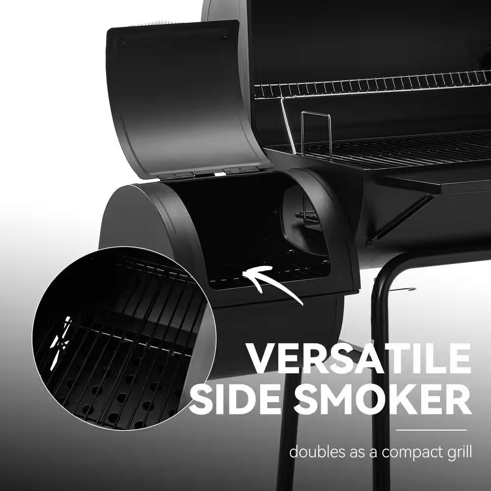 Charcoal Grill with Offset Smoker and Side Table in Black plus a Cover