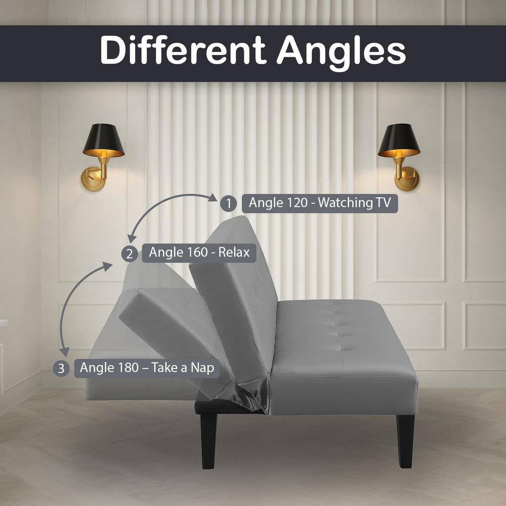 76.6 in Gray Faux Leather Armless Futon Sofa Bed with Wooden Legs - Rectangle Couch Featuring Button Tufting