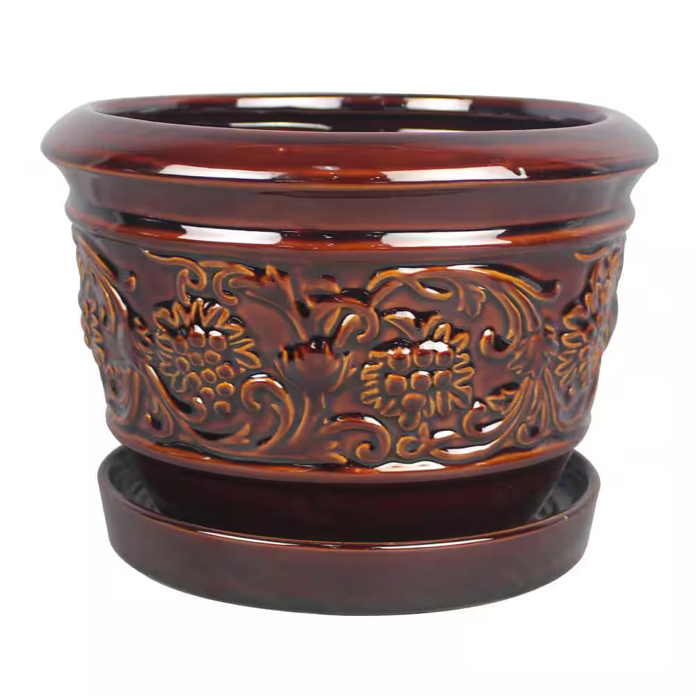8 In. Dia Brown Rustic Damask Ceramic Planter