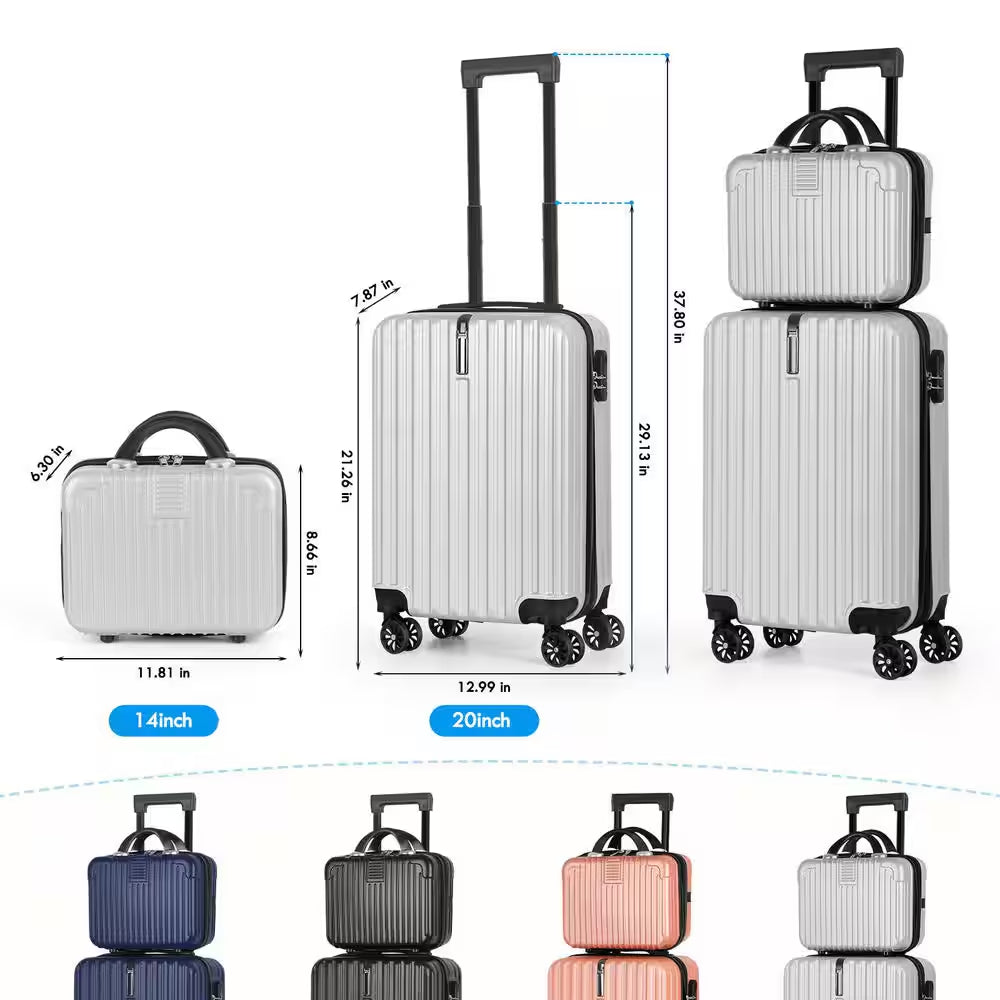 2-Piece Carry on Luggage Set Hard Side Lightweight Suitcase with 4 Spinner Wheels(14/20, Silver)