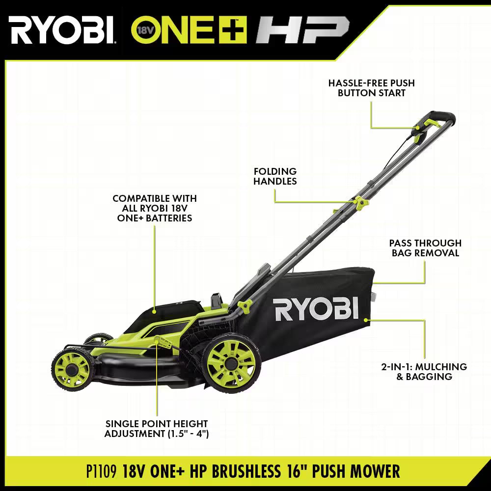 ONE+ HP 18V Brushless 16 In. Cordless Battery Walk behind Push Lawn Mower & Blower W/ (2) 4.0 Ah Batteries & (1) Charger