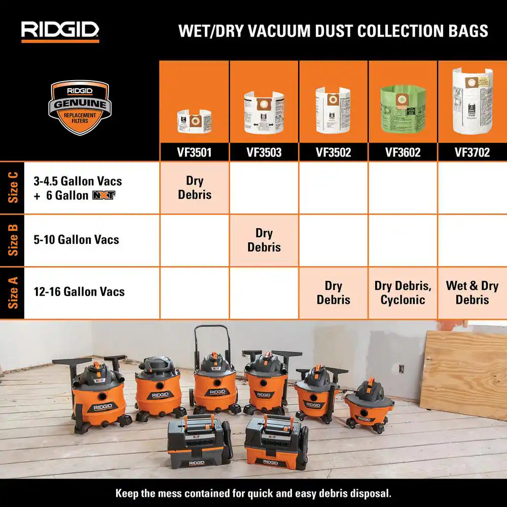 Genuine VF3501 Wet Dry Vac Dry Pick-Up Only Dust Bags for 3-4.5 Gallon and HD0600  Shop Vacuums, Size C (2-Pack)
