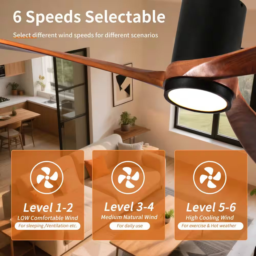 60 In. Indoor/Outdoor Black Modern Flush Mount LED Ceiling Fan with 3-Colors Dimmable and Remote APP Control