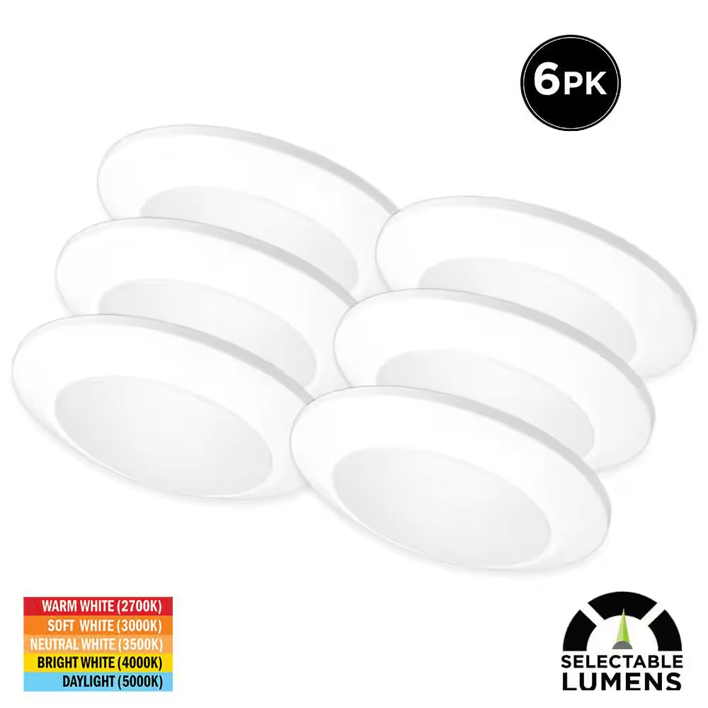 6-Pack 6 In. LED Surface Mount Downlight Flush Mount Disk Light Fixture, 600-900-1100 Lumens, Selectable CCT 2700K-5000K