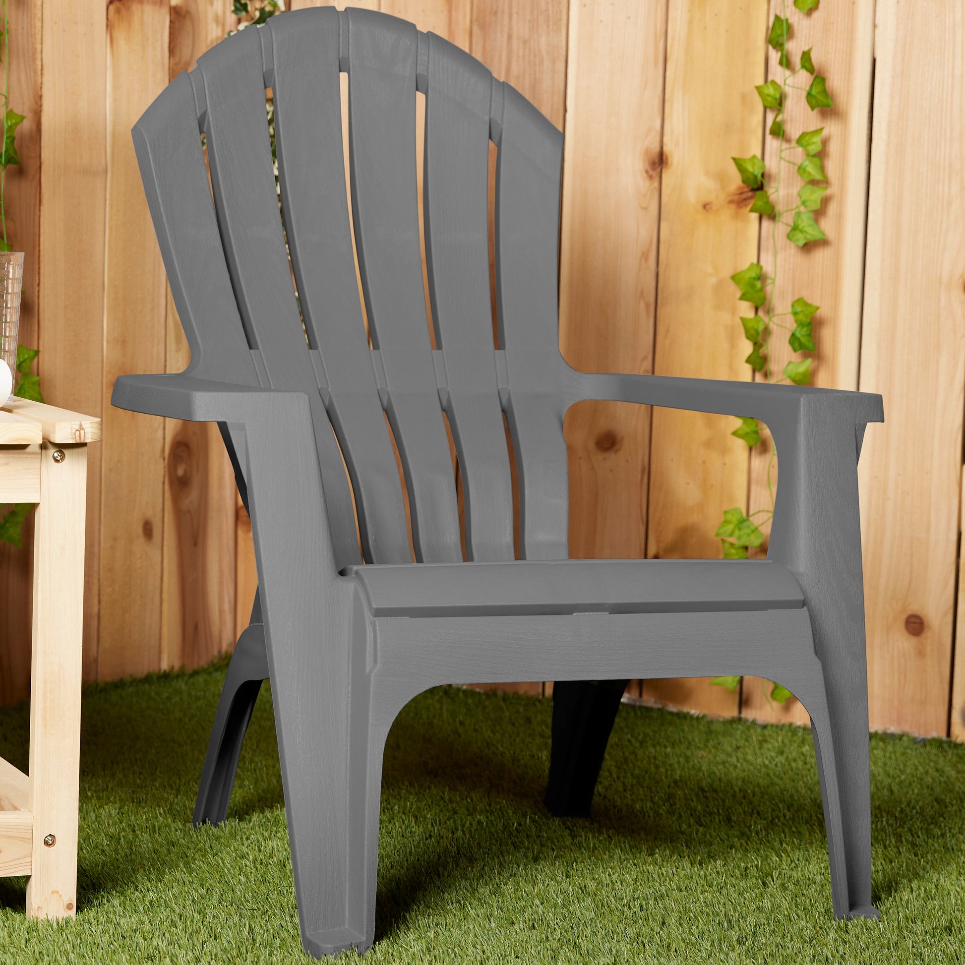 PATIO Realcomfort Stackable Charcoal Resin Frame Stationary Adirondack Chair with Slat Seat