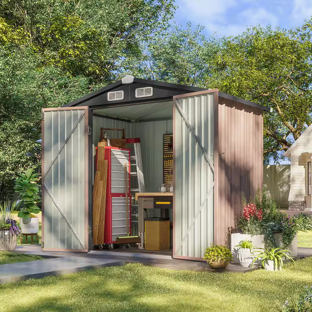 6 Ft. W X 4 Ft. D Brown Metal Shed with Lockable Door and Vents for Tool, Garden, Bike (24 Sq. Ft.)