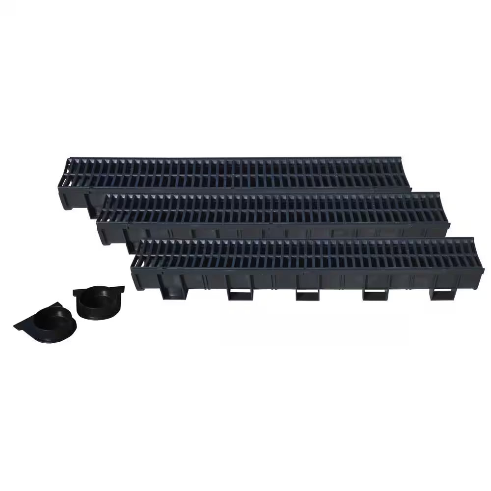 Deep Series 5.4 In. W X 5.4 In. D X 39.4 In. L Trench and Channel Drain Kit with Black Grate (3-Pack : 9.8 Ft)