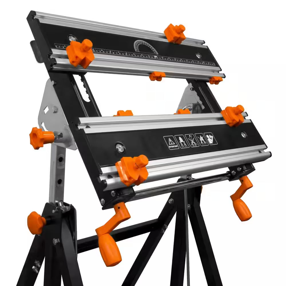 24 In. H Tilting Steel Adjustable Portable Work Bench Sawhorse and Vise with 8 Sliding Clamps