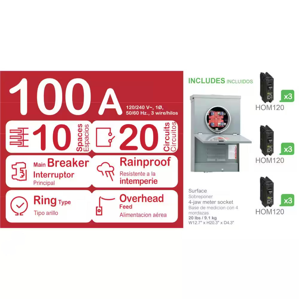 Homeline 100 Amp 10-Space 20-Circuit Outdoor Ring-Type Overhead Main Breaker CSED Value Pack