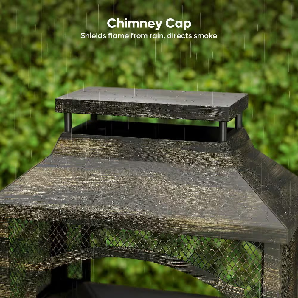 37 In. Steel Outdoor Wood Burning Fireplace with Wood Storage Rectangular Freestanding