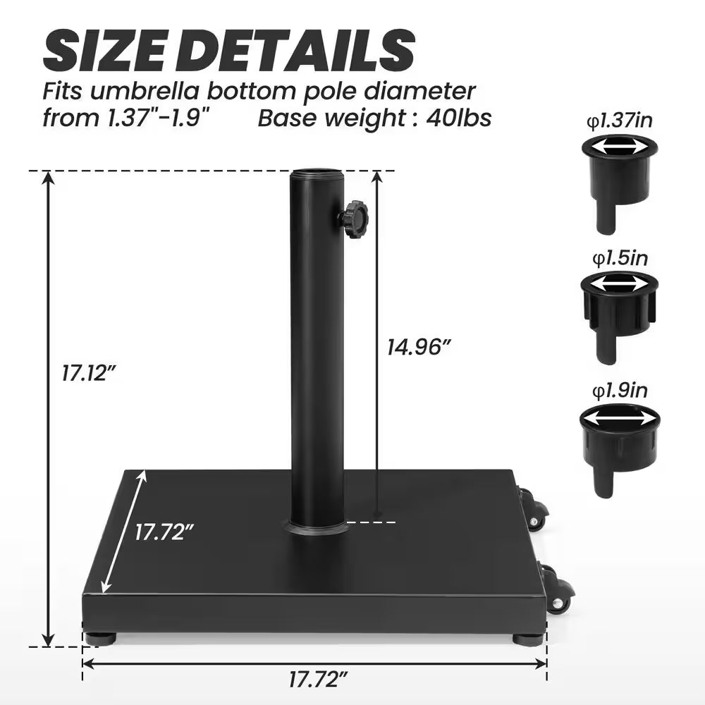 40 Lbs. Patio Umbrella Base with Wheels Outdoor Heavy Duty Square Concrete Market Umbrella Stand in Black