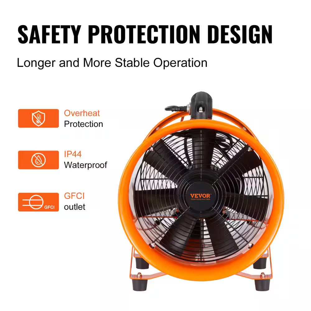 Portable Ventilator 12 In. Heavy Duty Blower Fan with 33 Ft. Duct Hose 560W Industrial Utility Blower 2894CFM, Orange