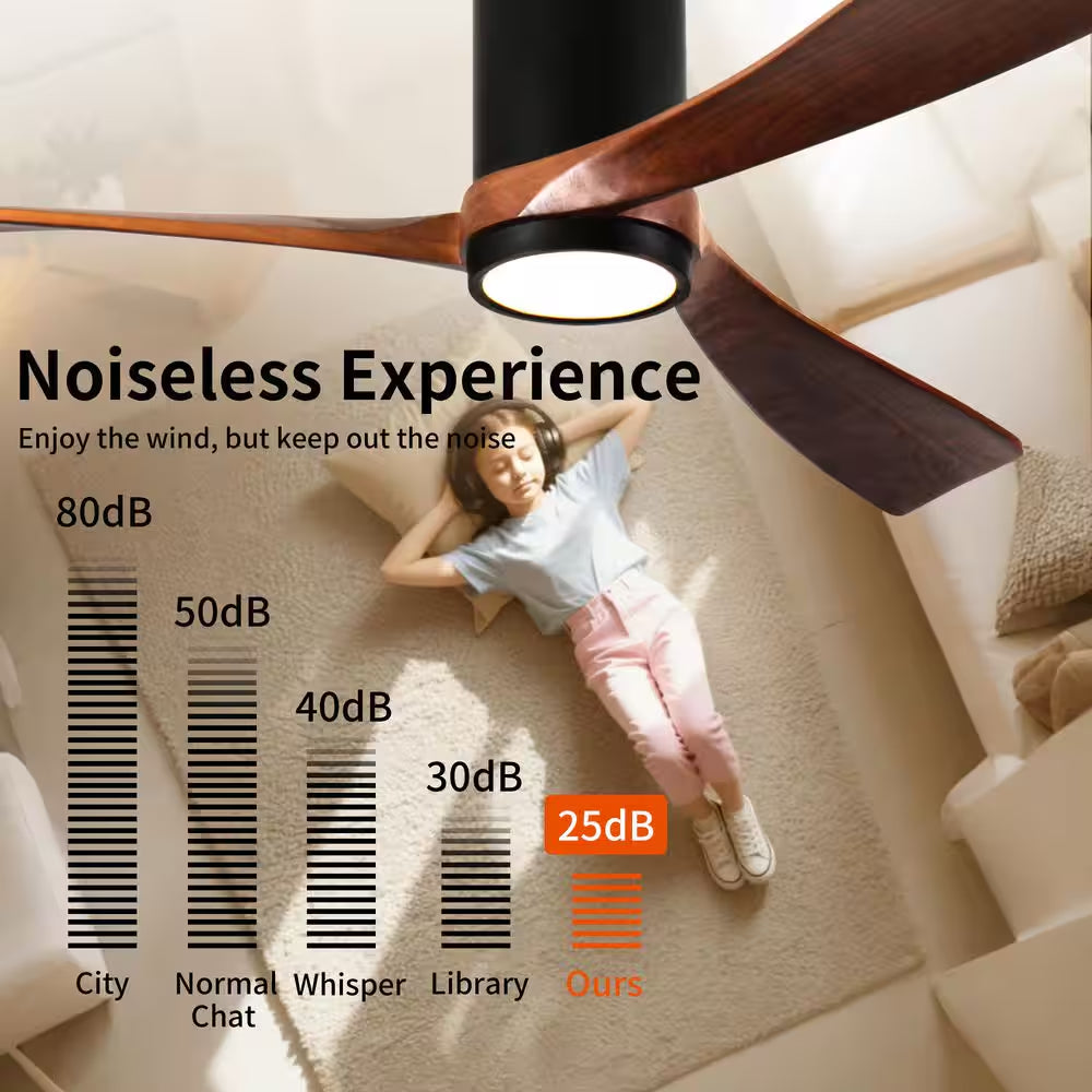 60 In. Indoor/Outdoor Black Modern Flush Mount LED Ceiling Fan with 3-Colors Dimmable and Remote APP Control