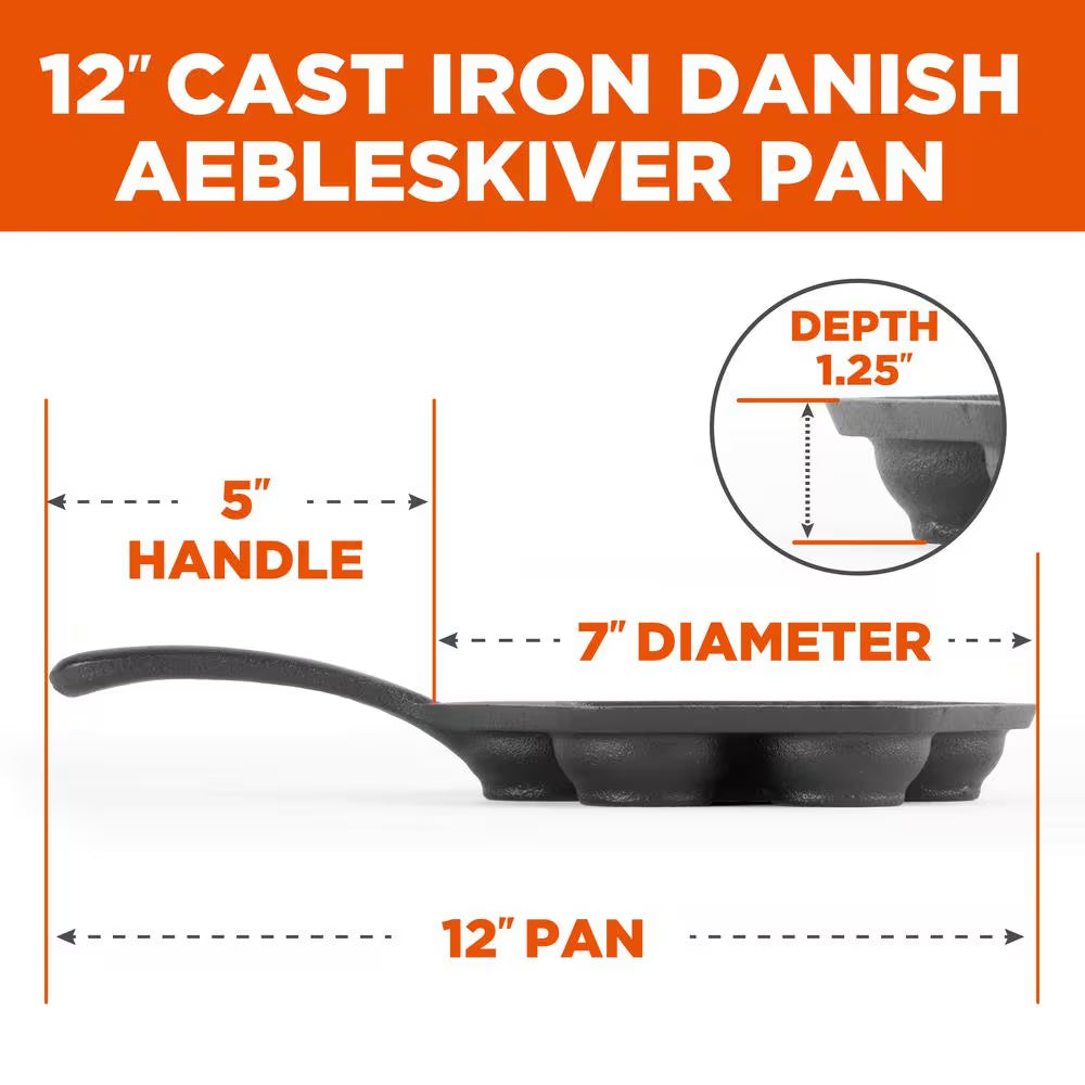 Pre-Seasoned 12 In. Dia Cast Iron Danish Pancake Frying Pan