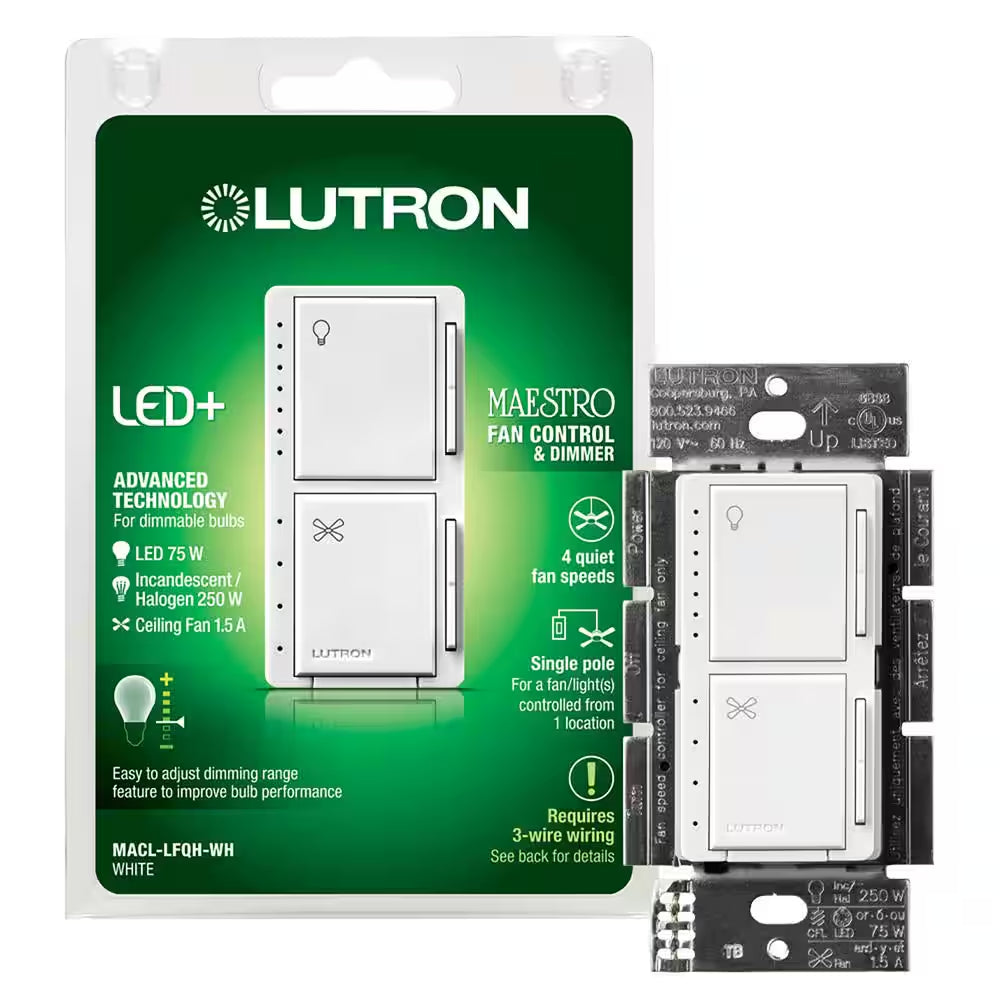 Maestro Fan Control and Light Dimmer for Dimmable LED and Incandescent Bulbs, 75W/Single-Pole, White (MACL-LFQH-WH)