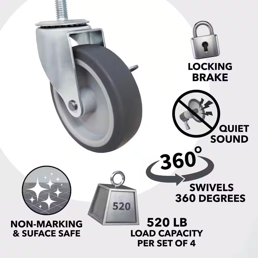 4 In. Gray Rubber like TPR and Steel Swivel Threaded Stem Caster with Locking Brake and 130 Lb. Load Rating