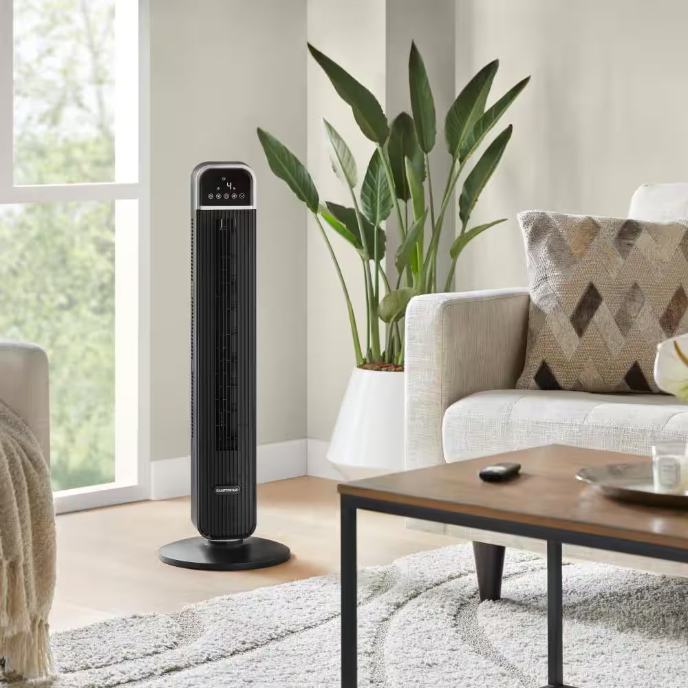 36 In. 4-Speed Oscillating Tower Fan in Black with Remote Control and Easy Carry Handle