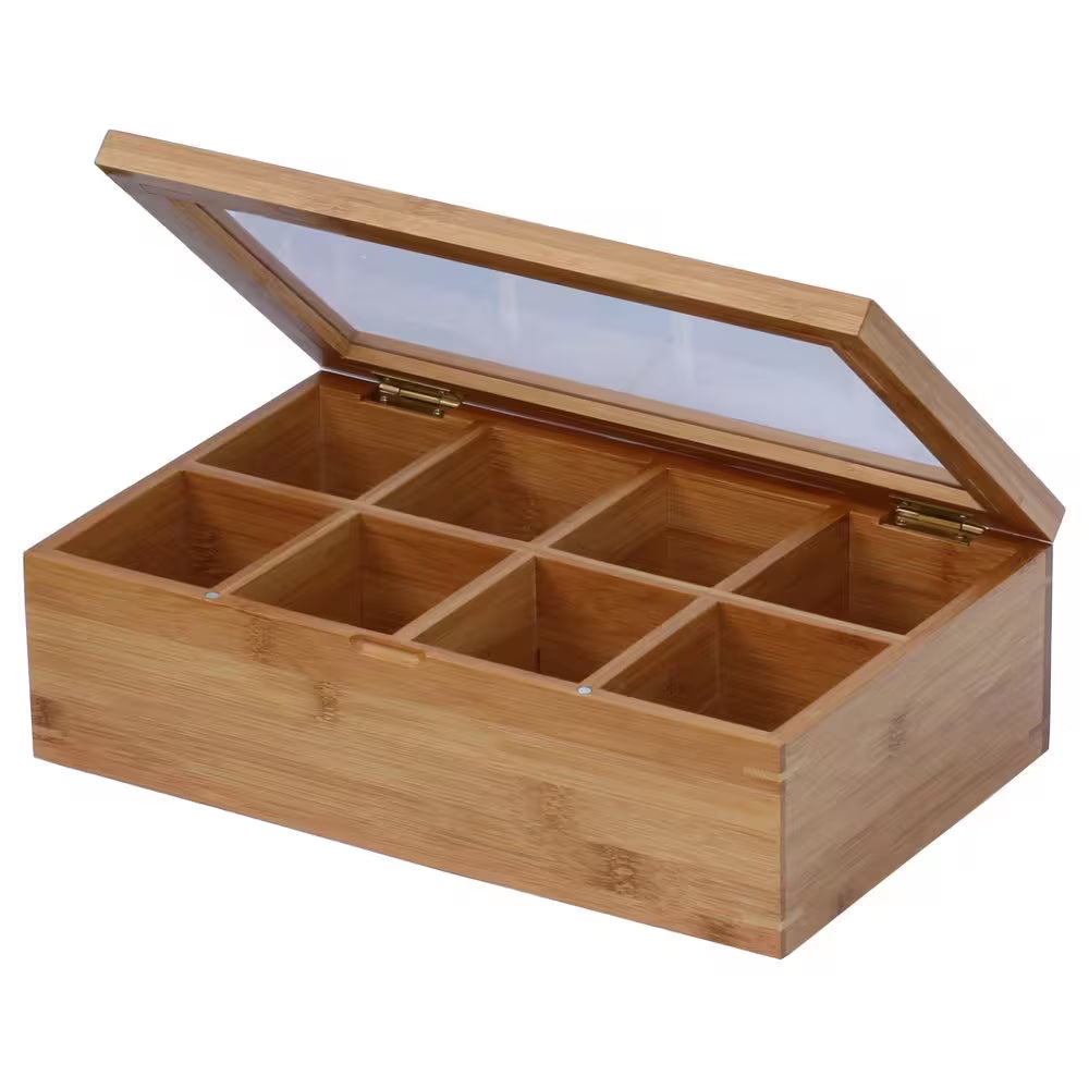 8-Compartment Bamboo Tea Box with Hinged Lid