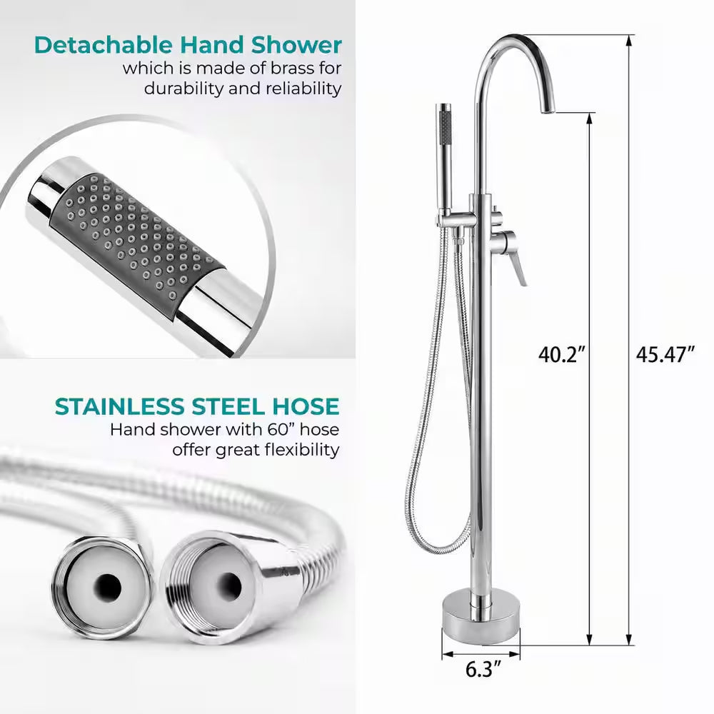 1-Handle Freestanding Floor Mount Roman Tub Faucet Bathtub Filler with Hand Shower in Chrome