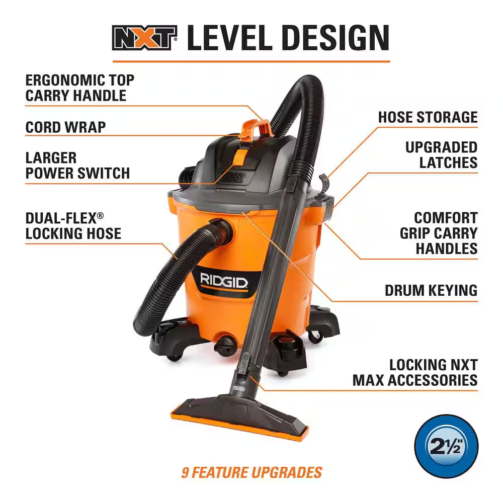 12 Gal. 5.0 Peak HP NXT Shop Vacuum Wet Dry Vac with General Debris Filter, Locking Hose and Attachments HD1200
