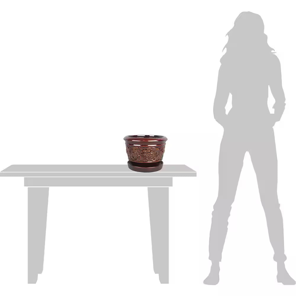 8 In. Dia Brown Rustic Damask Ceramic Planter