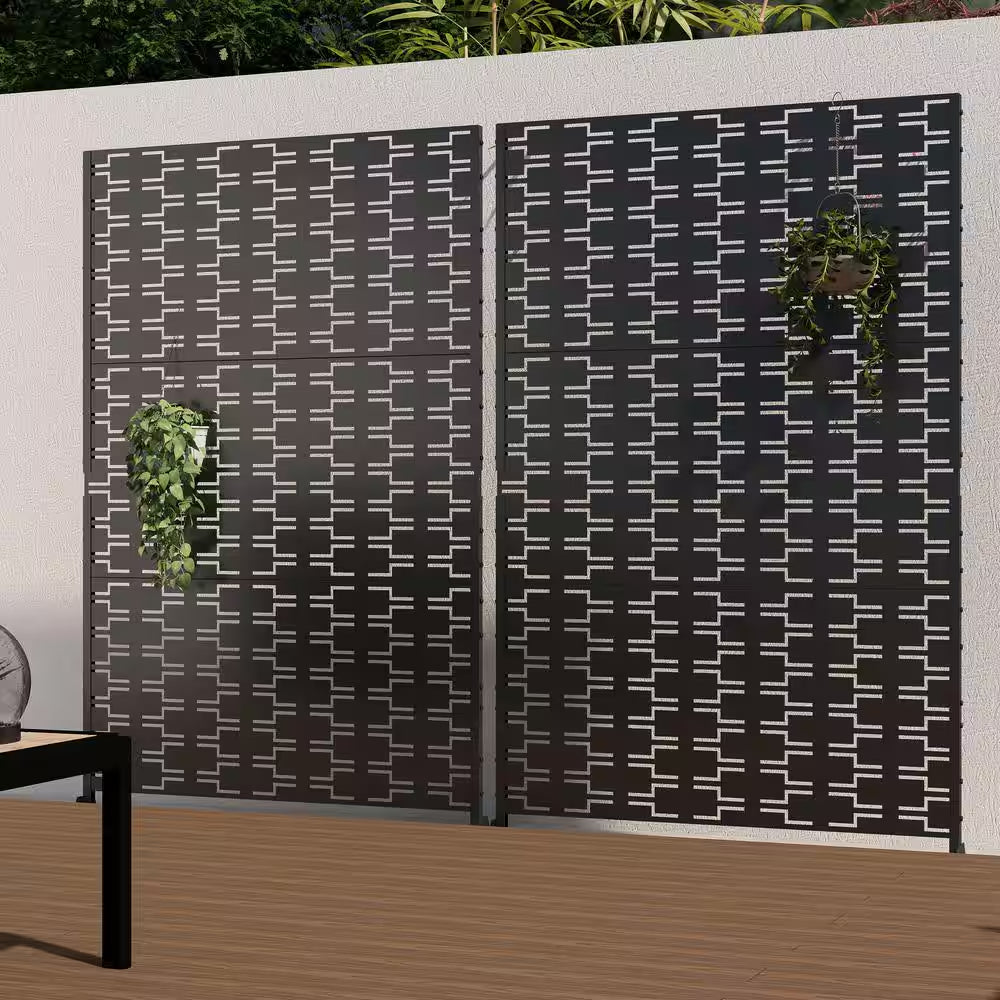 76 In. Galvanized Steel Garden Fence Outdoor Privacy Screen Garden Screen Panels in Black