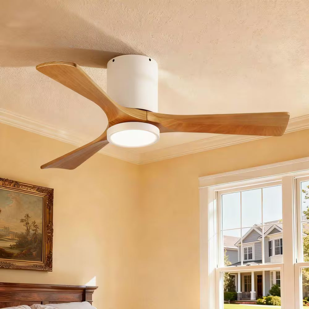 42 In. Smart White 6-Speed Solid Wood Brown Blade Flush Mount Ceiling Fan with 3-Color LED Light and APP, Remote Control