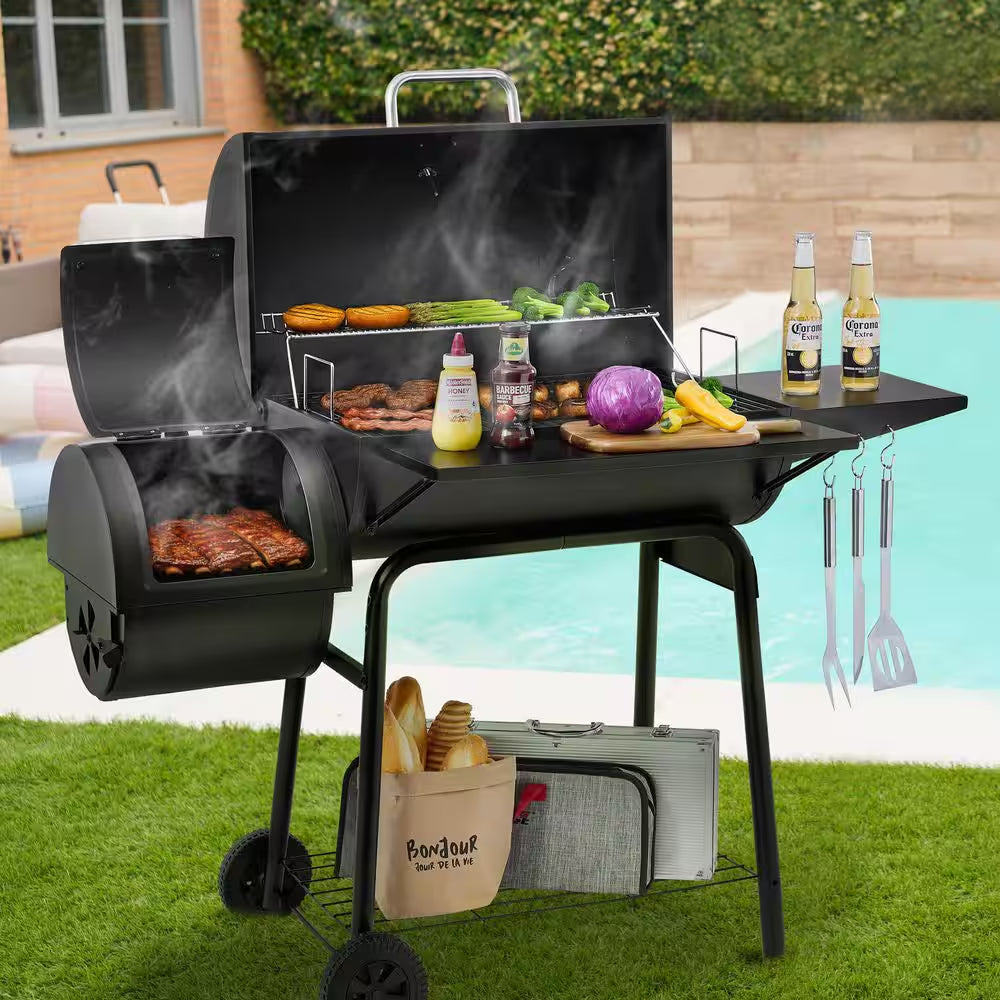 Charcoal Grill in Black with Offset Smoker and Side Table