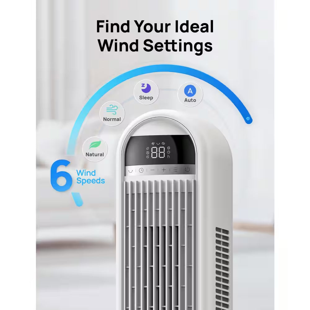 Smart Essential 42 In. 6 Fan Speeds Tower Fan in White with Wi-Fi, Voice Control, Remote and 90° Oscillation