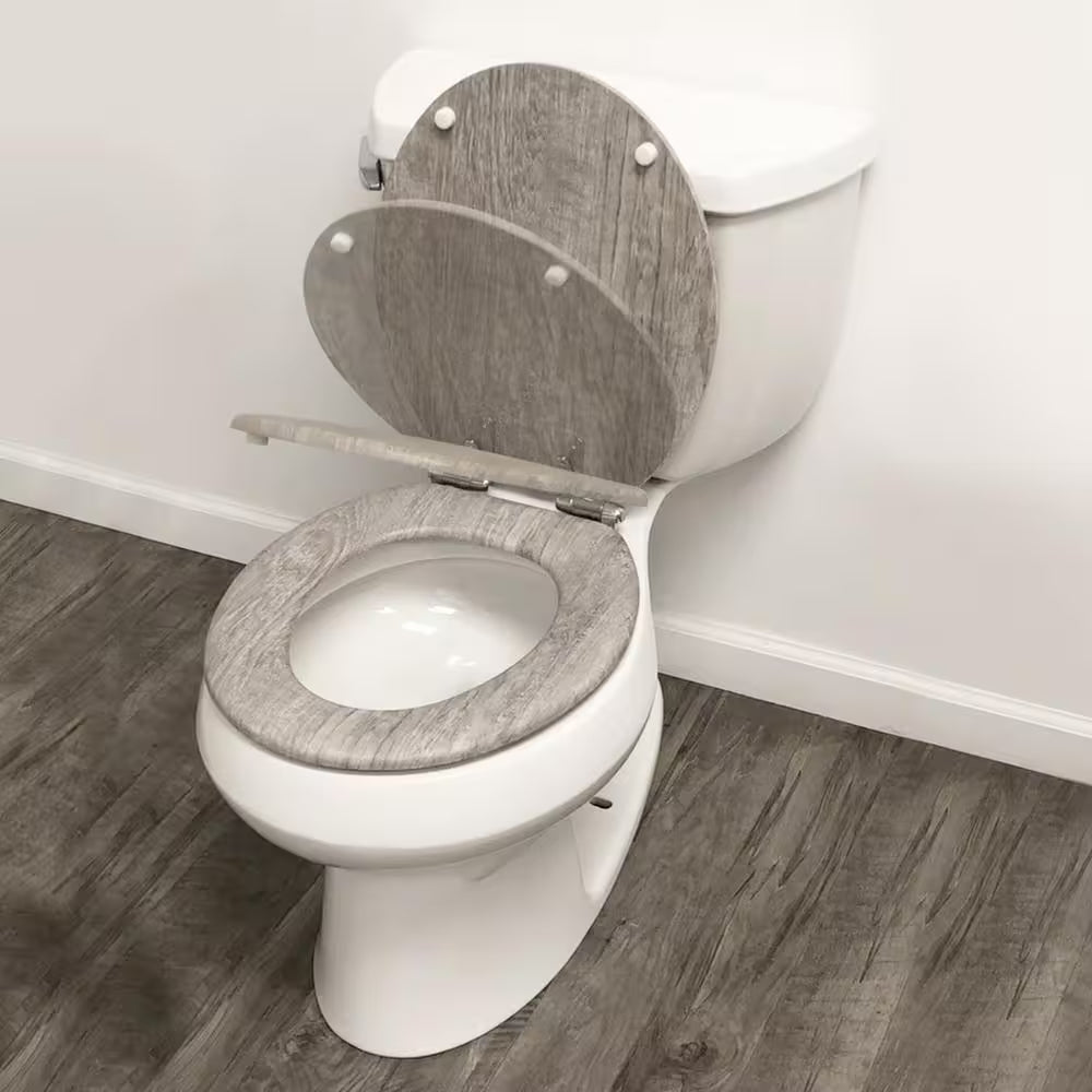 Round Distressed Wood Closed Front Toilet Seat in Gray