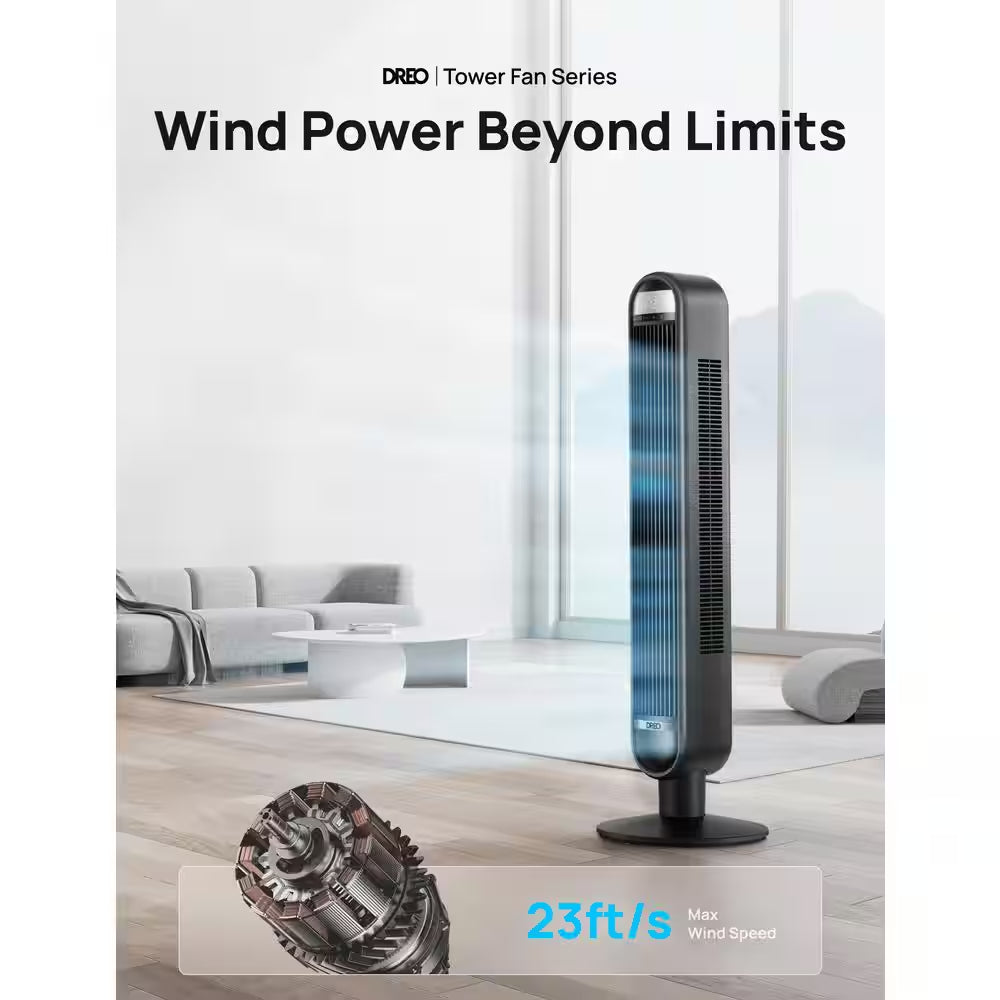 Essential 42 In. 6 Fan Speeds Tower Fan in Black with Remote, 90° Oscillation and 12-Hour Timer