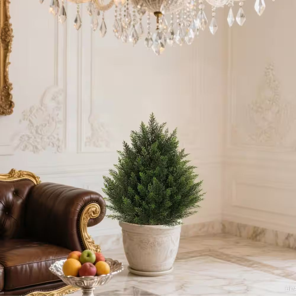 2-Sets 2 Ft. Artificial Cedar Bush Shrubs with Ground Stake Indoor Outdoor UV Resistant Fake Plant Garden Entryway Decor