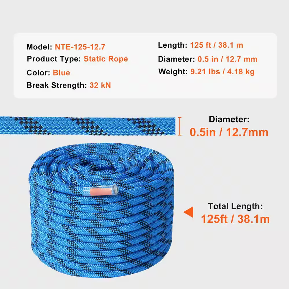 12.7 Mm Static Climbing Rope, 38 M, 125 Ft. Outdoor Rock Climbing Rope 30 KN Breaking Tension, Fiber Rope, Blue