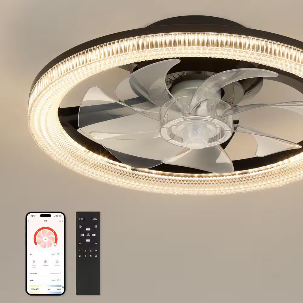 16 In. Smart Modern Indoor Black Low Profile Color Changing Standard Flush Mount Ceiling Fan Light with LED for Bedroom