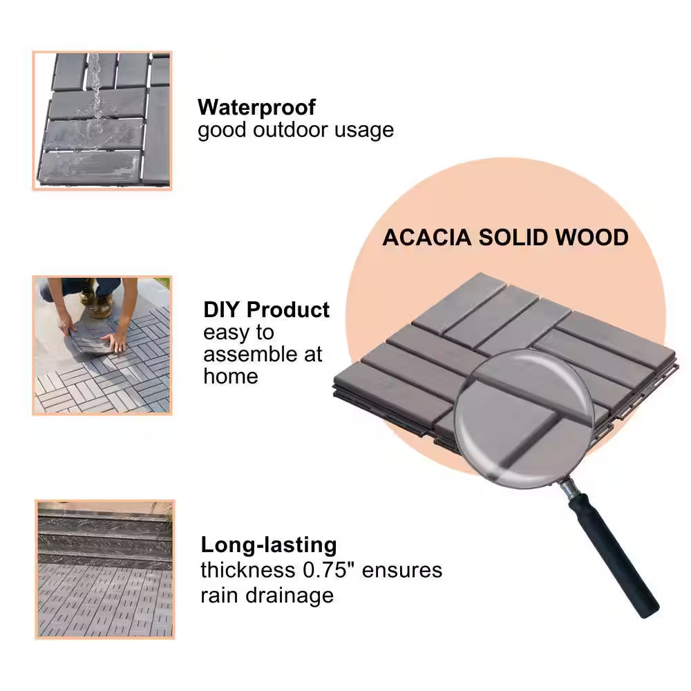 12 In. X 12 In. Wood Interlocking Flooring Tiles Indoor Outdoor Patio Garden Deck Poolside Balcony, 10-Pack, Gray