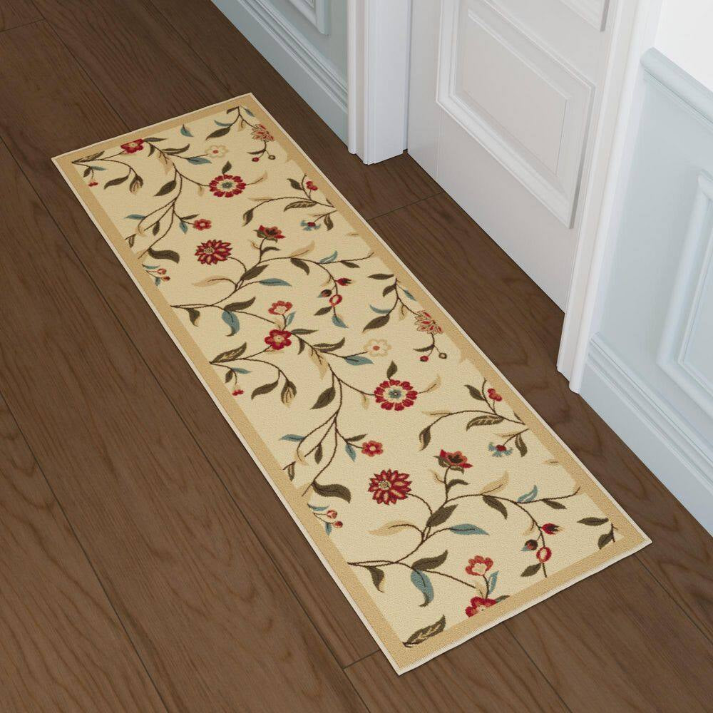 Ottohome Collection Non-Slip Rubberback Floral Leaves 2 X 5 Indoor Runner Rug, 1 Ft. 8 In. X 4 Ft. 5 In., Beige