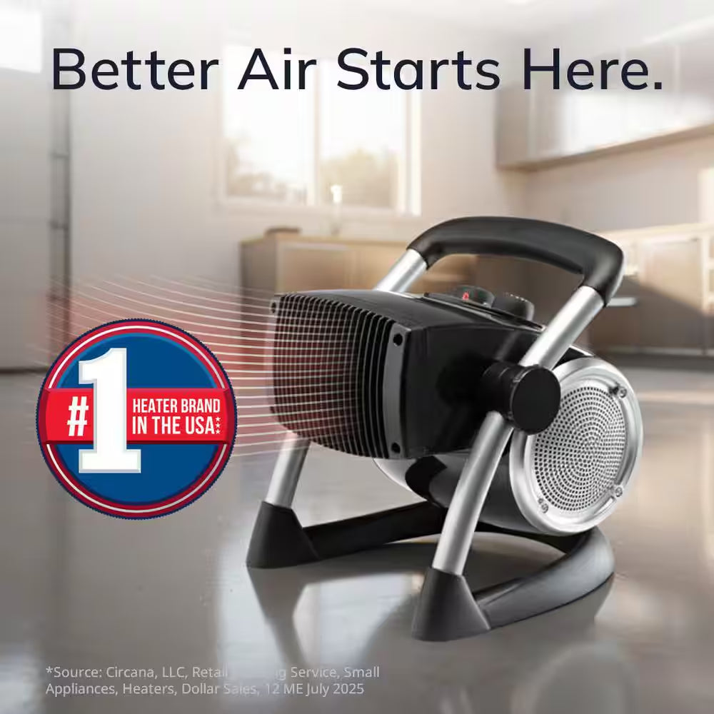 1500W 11.75 In. Black Electric Utility Ceramic Space Heater with Pivoting Head, 2 Heat Settings and Fan Only Mode