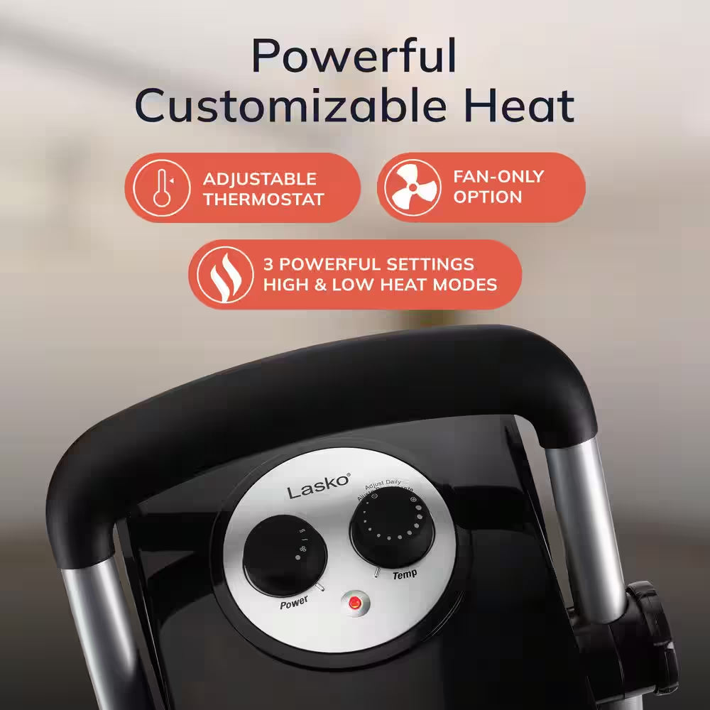 1500W 11.75 In. Black Electric Utility Ceramic Space Heater with Pivoting Head, 2 Heat Settings and Fan Only Mode