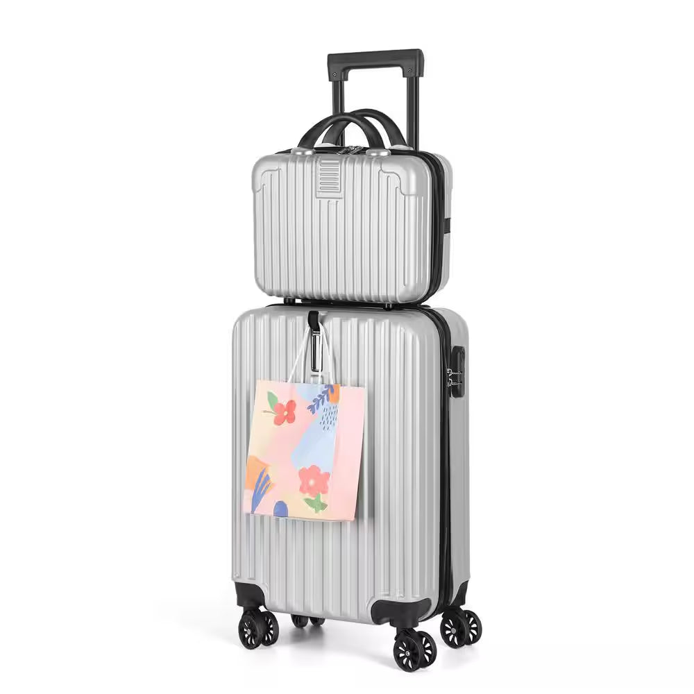 2-Piece Carry on Luggage Set Hard Side Lightweight Suitcase with 4 Spinner Wheels(14/20, Silver)