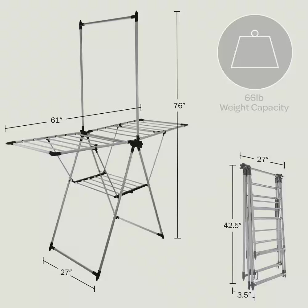 Clothes Drying Rack - 2-Level Laundry Drying Rack with 24 Drying Rails, Hanging Bar, and 2 Height-Adjustable Wings
