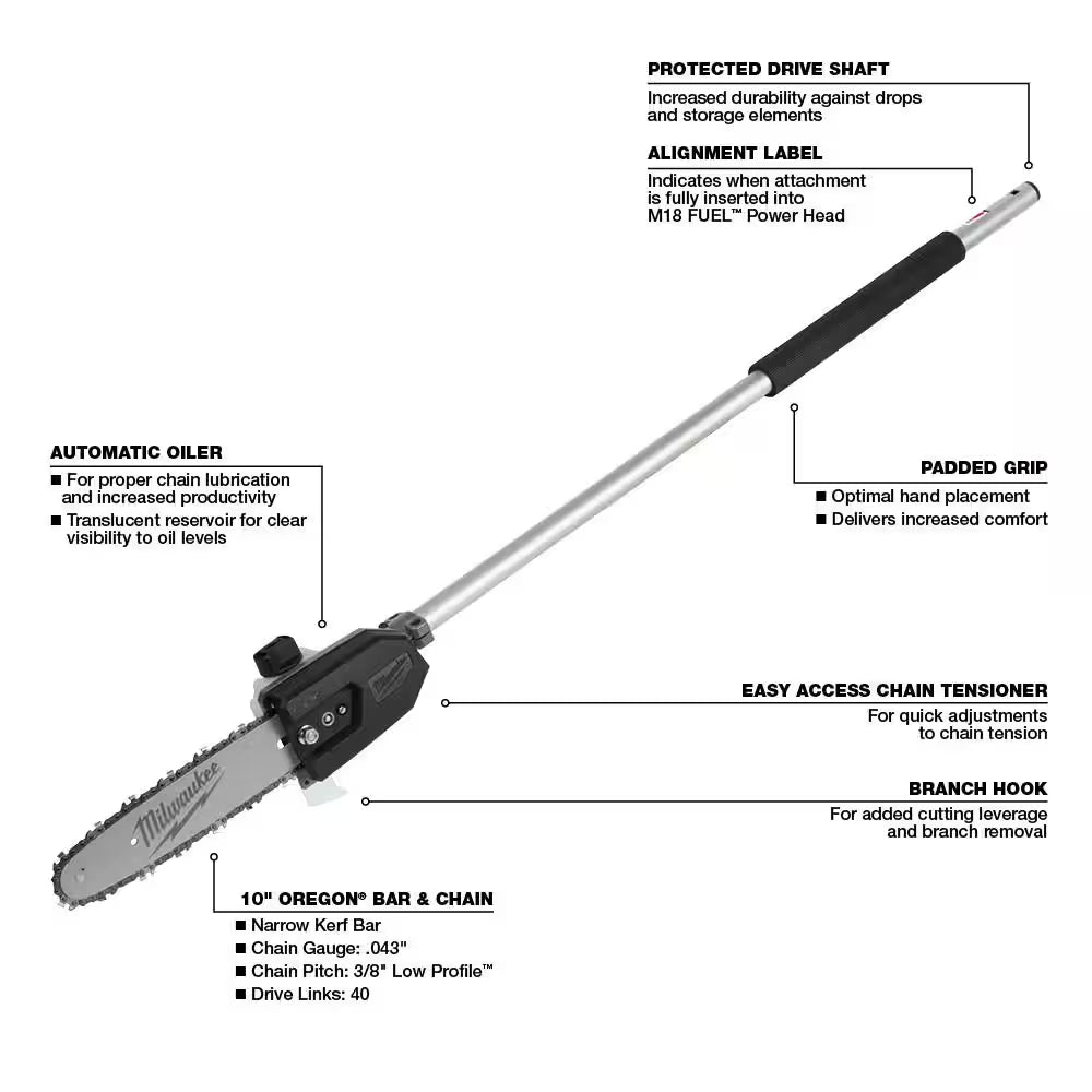 M18 FUEL 10 In. Pole Saw Attachment with QUIK-LOK 3 Ft. Attachment Extension